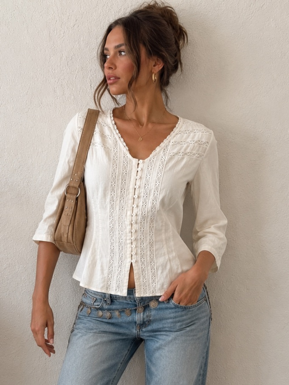 Vintage Ivory Lace Y2K Cotton Blouse Boho Cottagecore V Neck Prairie Top Medium